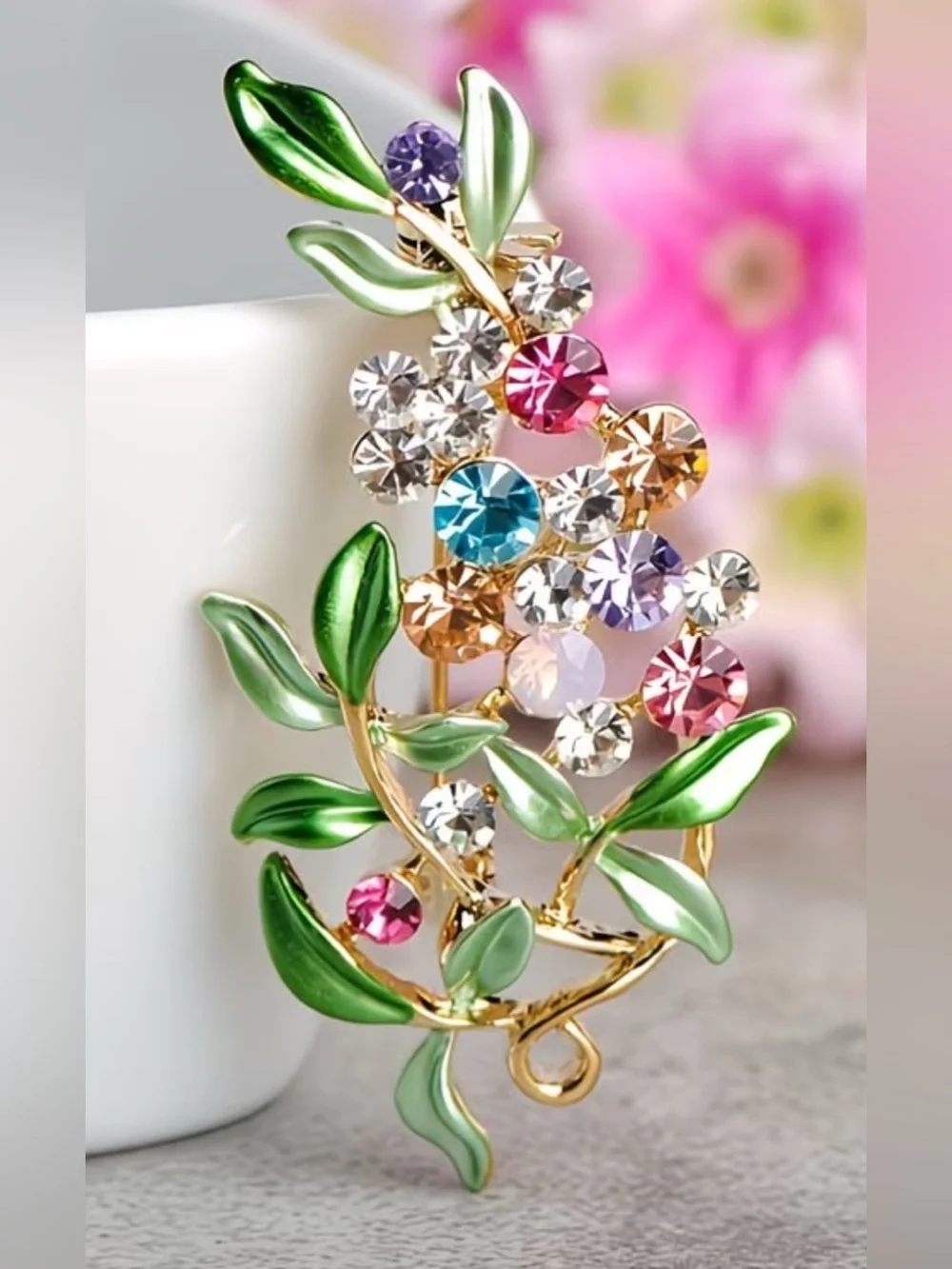 Green Leaf Multicolor Crystal Floral Brooch - Elegant Women's Jewelry
